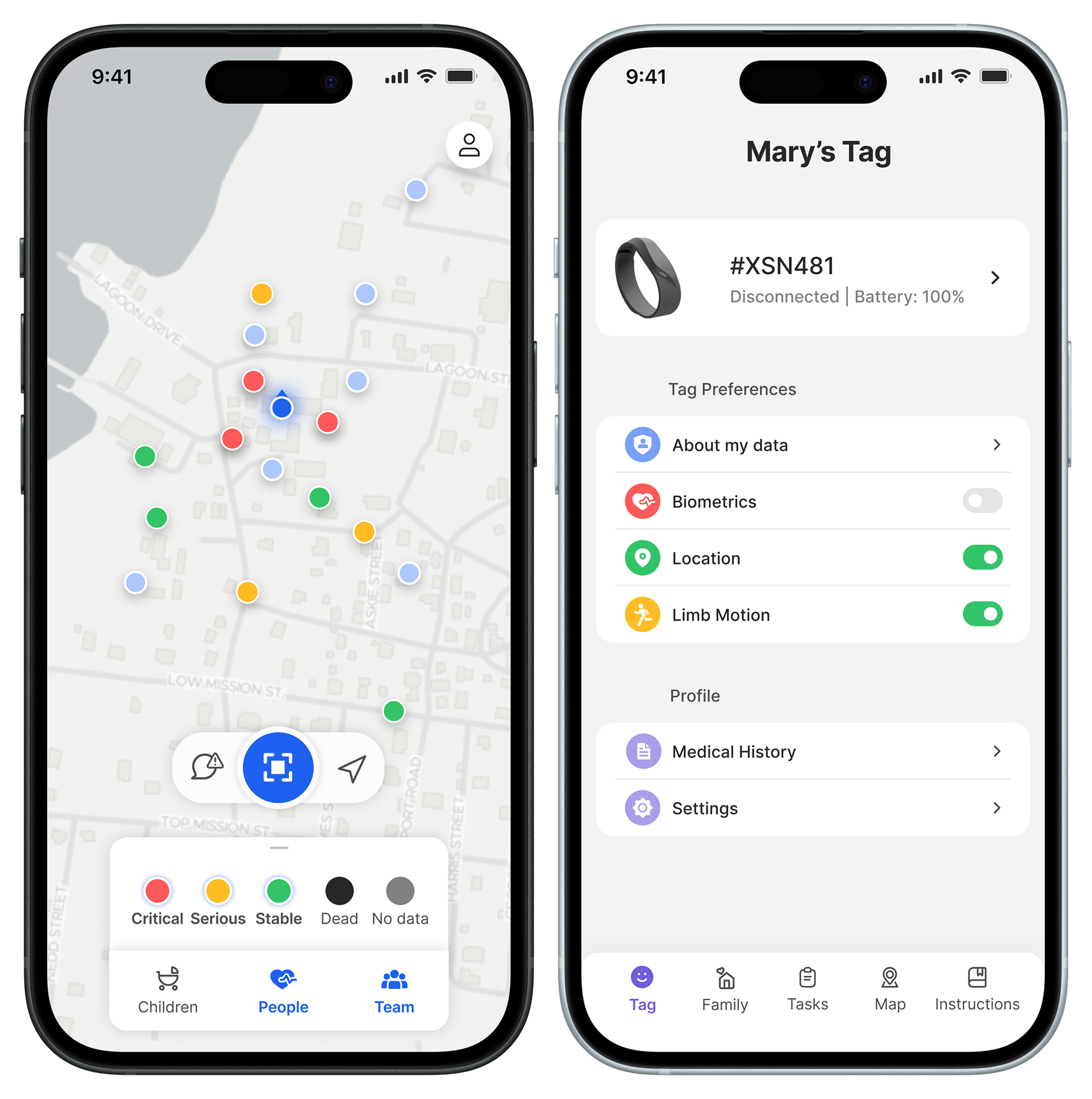FindMe Tag system shown across the wearable device, civilian app, and rescuer app